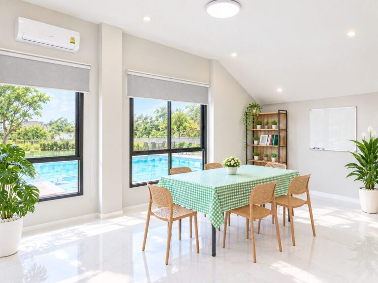 Craft and recreation room overlooking the pool